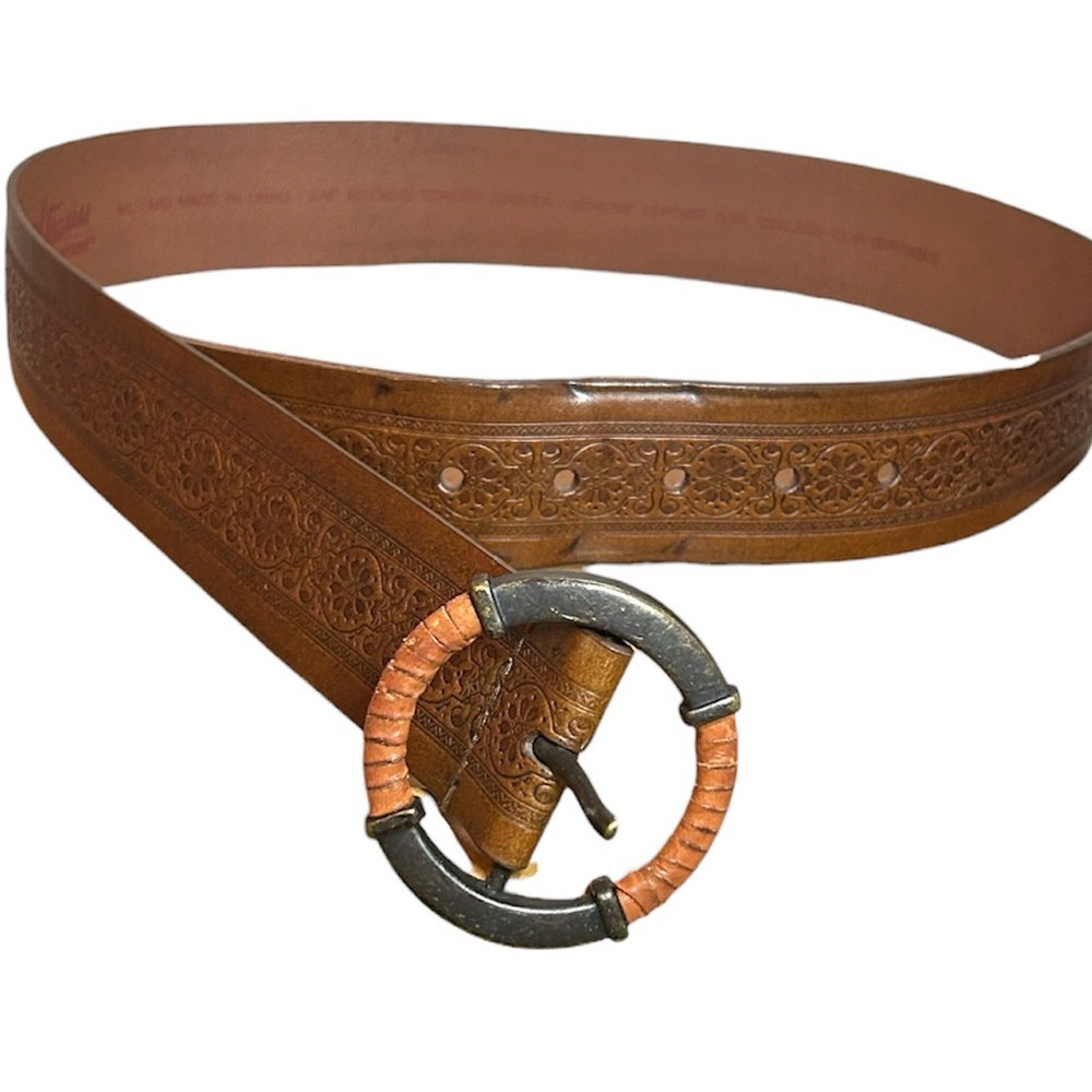 Embossed Brown Leather Belt Wrapped Buckle 1 5/8” wide‎ 38” long